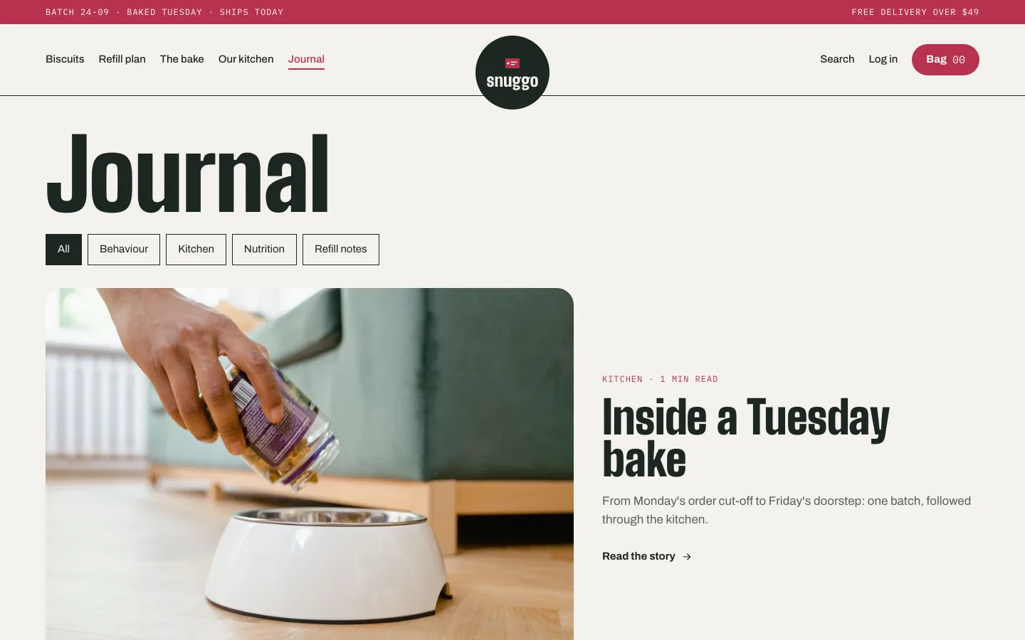 Journal page with topic filters and the newest story featured large.