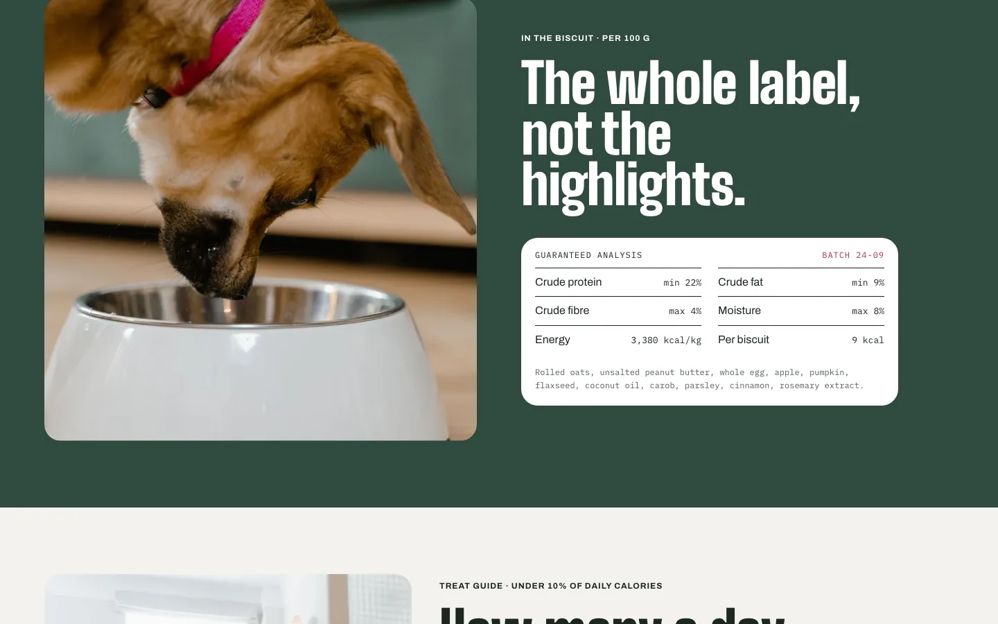 Product page section with a photo of a dog eating and a guaranteed analysis label with protein, fat, fibre, moisture and energy.