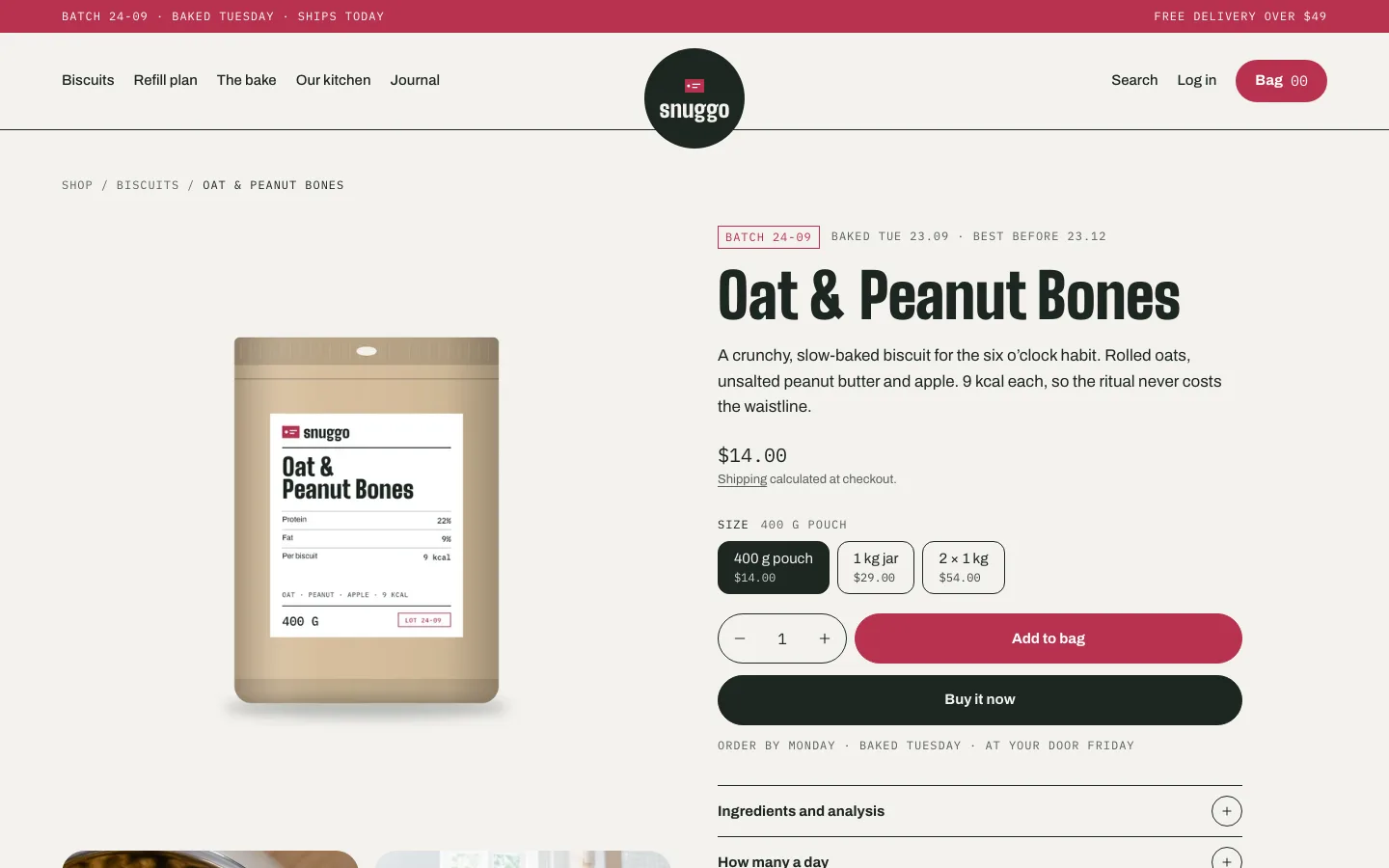Product page for Oat and Peanut Bones with a batch line, size boxes with prices, quantity and add to bag.